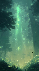 Obraz premium Tranquil Forest Landscape with Mist and Soothing Green Glow