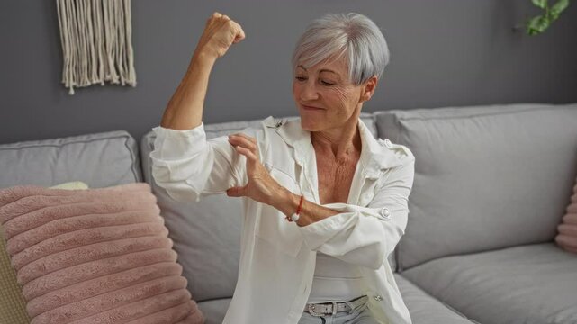 Elderly woman with short grey hair flexing her arm muscles while smiling in a modern living room with a cozy sofa and decorative pillows