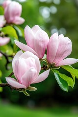 Delicate pink magnolia flowers bloom on a branch against a blurred green background.