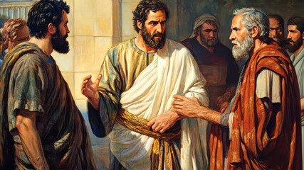 Historical debate among ancient scholars in classical setting