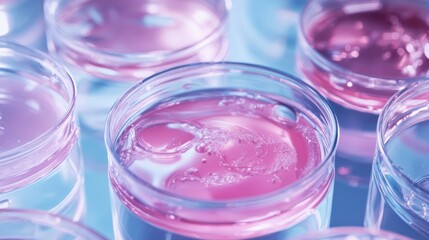 Petri dishes with pink liquid for scientific research.