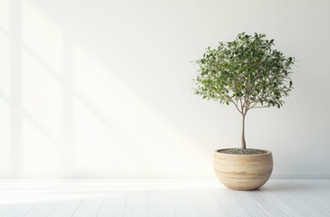 Olive Tree in Minimalist Interior: A small olive tree in a light wood bowl sits serenely in a minimalist room, bathed in soft sunlight streaming through a window.