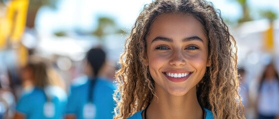Fototapeta premium Smiling young woman at a vibrant outdoor event