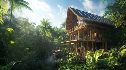 Eco-friendly bamboo retreat with solar panels surrounded by lush tropical greenery. Embracing sustainable living and harmony with nature. Image made using Generative AI