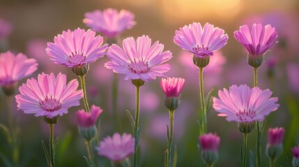 Obraz premium Pink wildflowers in a field at sunset.