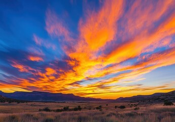 Fototapeta premium Fiery Sunset over the Plains: A breathtaking panorama captures a vibrant sunset painting the sky with fiery oranges, reds, and blues. The vast plains stretch out below.