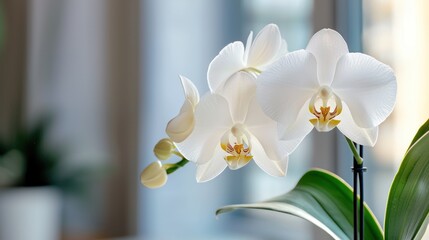 Fototapeta na wymiar A close-up of elegant white orchids in a bright indoor setting.
