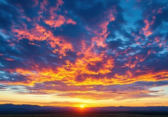 Fiery Sky at Sunset: A breathtaking panorama of vibrant orange, pink, and blue hues paint the sky at sunset, casting a fiery glow over the landscape. The sun, a radiant orb, dips below the horizon.