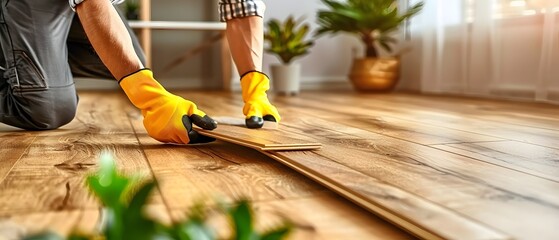 Worker installs new laminate floor.