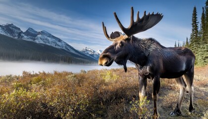 Naklejka premium Majestic Moose Amidst the SnowCapped Canadian Rockies Panoramic Winter Wonderland Capturing Serene Wildlife and Majestic Mountain Scenery