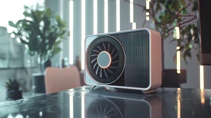 Modern stylish air cooler on a glass table in a modern office setting with plants.
