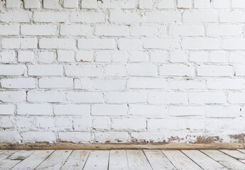 Whitewashed Brick Wall with Wooden Floor: A classic whitewashed brick wall backdrop with a rustic wooden floor, offering a clean and versatile canvas for creative projects.