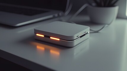Modern white compact device with orange lights on a desk.