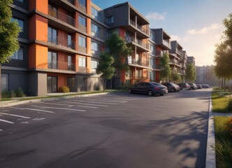 Obraz premium parking lot and surrounding landscape of apartment complex , building, concrete, residential