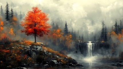 Fototapeta premium Solitary autumn tree, misty waterfall, forest landscape, postcard