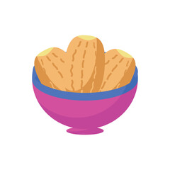 Three dates are in a pink bowl with a blue rim. 
