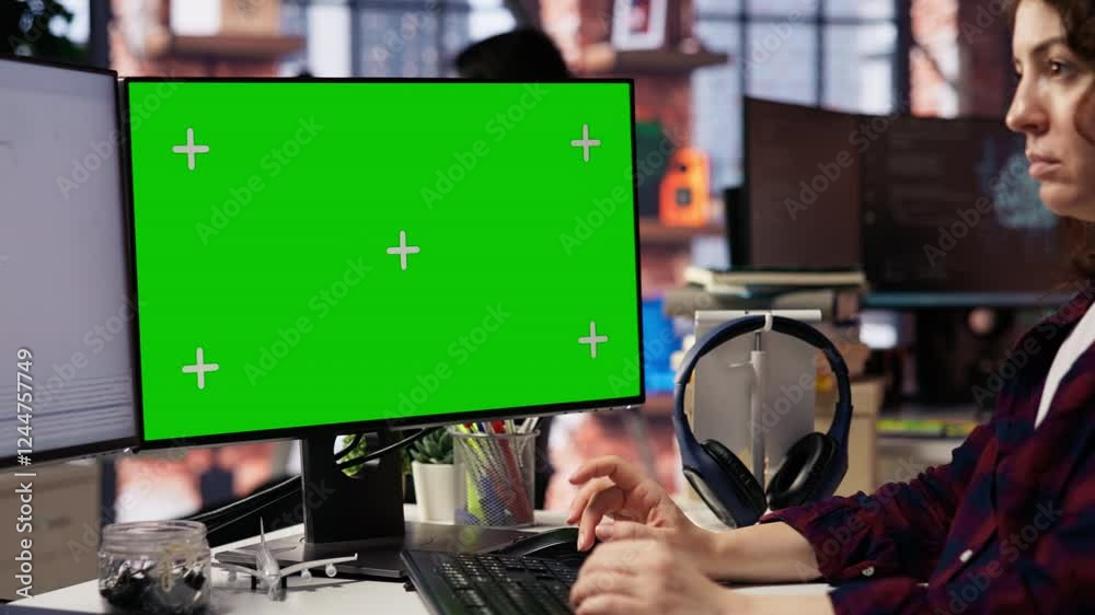 Poster computer scientist using green screen pc working with artificial intelligence technology in tech sta