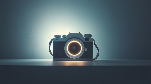 Retro camera with glowing lens on table.