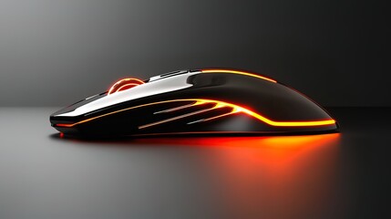 Sleek black computer mouse with orange LED lighting, isolated on dark background.