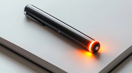 Sleek black pen with glowing orange tip rests on a notebook.