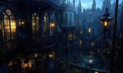 Fototapeta premium Rainy night in gothic city; glowing windows, overgrown courtyard. Use fantasy illustration