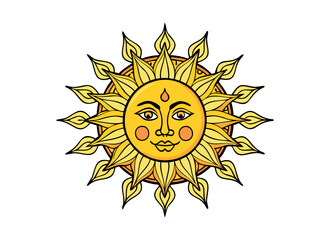 Vibrant Traditional Sun Illustration with Face - Tribal Art