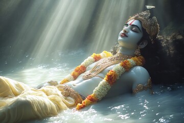 Serene Krishna rests in milky water, sunbeams illuminate, jungle backdrop, spiritual art