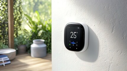 Smart thermostat displaying 25 degrees Celsius mounted on a white wall, with blurred background of plants and patio.