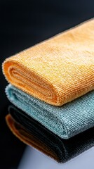 Two rolled microfiber cloths in orange and teal on a reflective surface.
