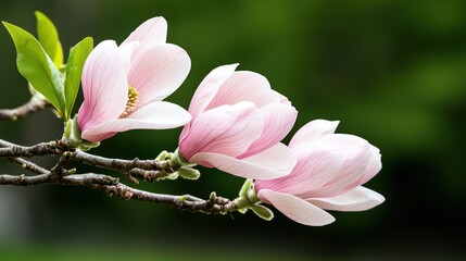 Obraz premium Delicate magnolia flowers bloom on a branch against a blurred green background.
