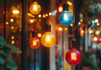 Bohemian Lights: A string of colorful vintage Edison bulbs hangs outside a storefront, casting a warm and inviting glow on the night.  The perfect touch of charm and ambience.  
