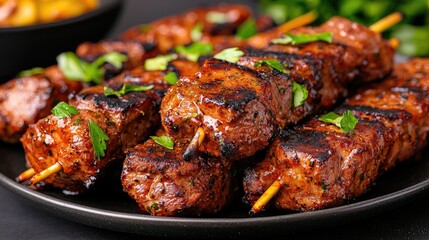 Grilled meat skewers, herbs, dark plate, food photography, recipe illustration