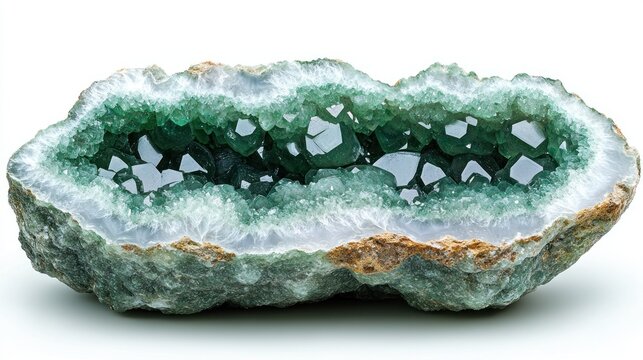 Emerald Green Geode Slice Against White Background