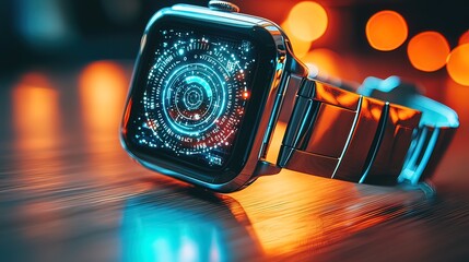 Smartwatch with futuristic interface displayed on a wooden surface.