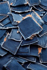 A pile of frayed denim patches, showcasing textures and colors for textile or fashion use.
