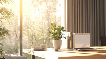 Fototapeta premium Sunlit modern office desk with laptop, plant, and books near large window.