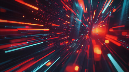 Naklejka premium Futuristic tunnel with glowing red and orange neon light trails, creating a dynamic sense of speed and movement, symbolizing technology and progress