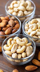 A variety of nuts displayed in glass bowls on a wooden surface.