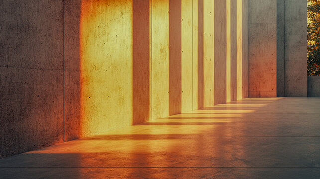A long corridor with concrete walls and floor, illuminated by sunlight streaming through rectangular windows, casting warm, elongated shadows on the surfaces.