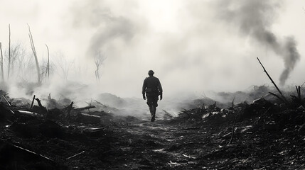 Obraz premium The quiet after the storm. A single soldier walks through the desolate battlefield, stepping carefully over broken weapons and scattered debris, his face a mask of grief and exhaustion.