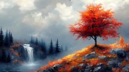 Fototapeta premium Autumn Waterfall, Red Tree, Misty Mountains, Scenic Landscape