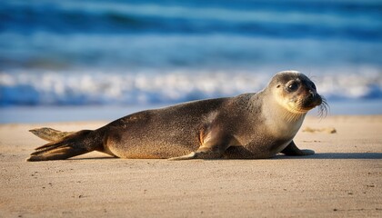 Serene Seal Basking on a Sandbar, Overlooking the Tranquil Ocean Shoreline, with the Sun Glinting off the Waves in a Peaceful Coastal Scene.