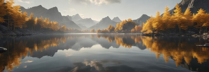 Obraz premium Serene lake scene with abstract gold and grey tones reflecting the surrounding landscape, water's edge, serene landscape, natural beauty