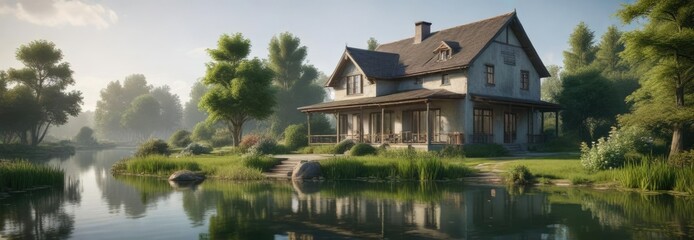 Obraz premium Serene landscape with a house situated in front of a tranquil pond, pond, reflection