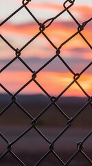 Fototapeta premium A beautiful sunset framed through the mesh of a chain-link fence, blending the themes of restriction and natural beauty in a powerful and artistic way