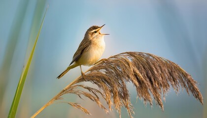 Vibrant Sedge Warbler Acrocephalus schoenobaenus Serenading atop a Lush Reed Bed in Springtimes Blooming Meadow