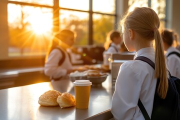 Children gather in a school cafeteria for breakfast during National School Breakfast Week, savoring fresh rolls and warm drinks as sunlight shines through the windows