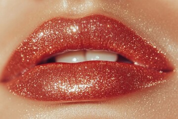 Close up of glossy, shimmering lips adorned with sparkling red glitter, showcasing a glamorous makeup look ideal for festive celebrations and beauty photography