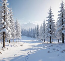 serene winter landscape with snow-covered trees, snow-kissed trees, calmness, tranquility