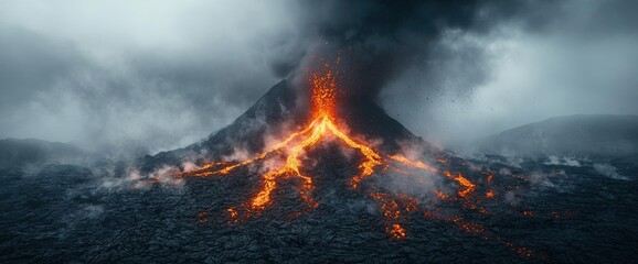 Fiery Volcanic Eruption with Dark Smoke and Lava Flow